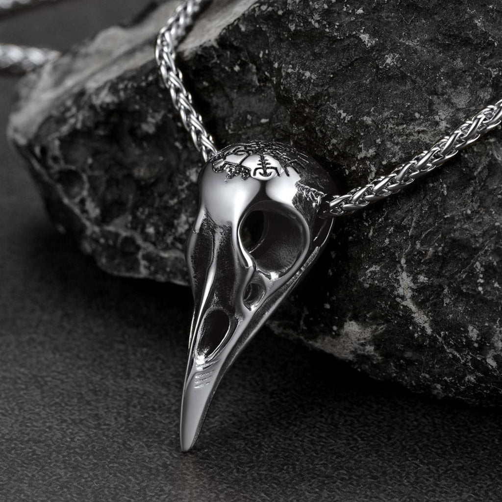 Raven Skull Necklace With Viking Compass for