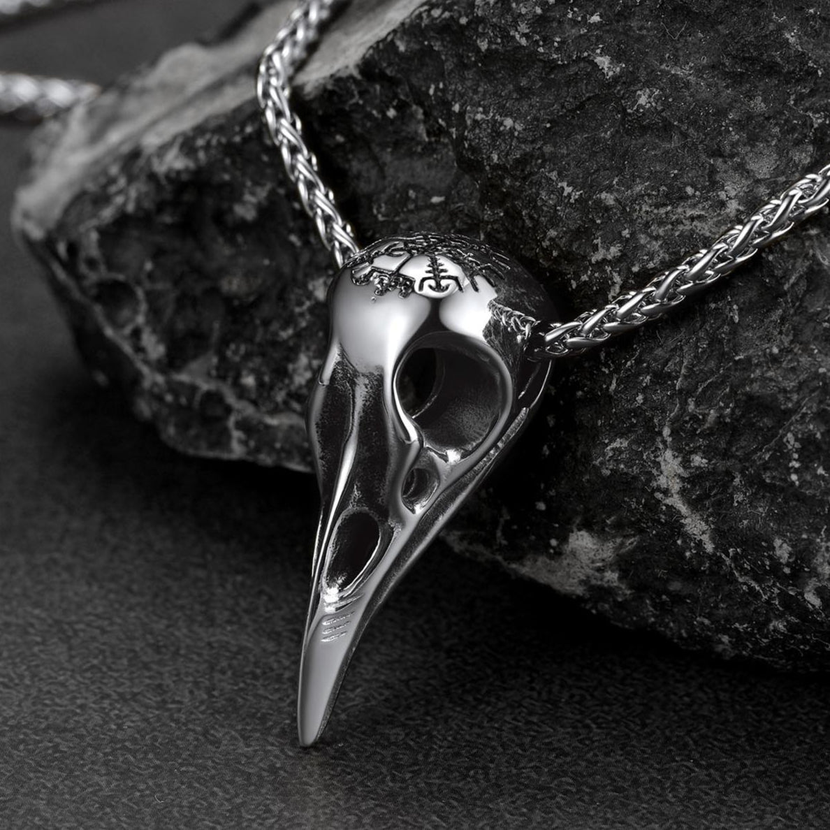 Raven Skull Necklace With Viking Compass for