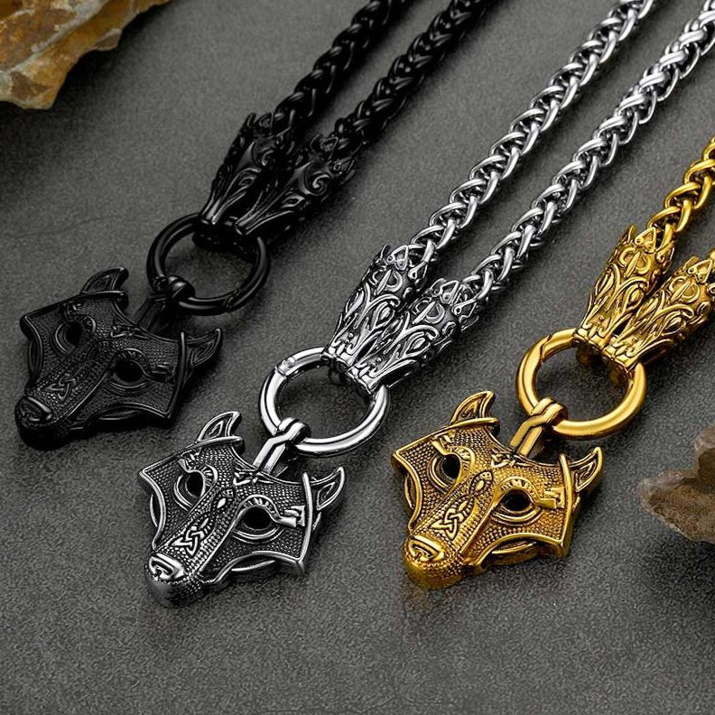 Viking Wolf Pendant Necklace With Wolf Rope Chain for