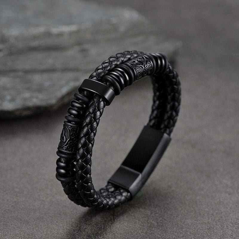 Viking Black Engraved Leather Braided Wristband Bracelet for