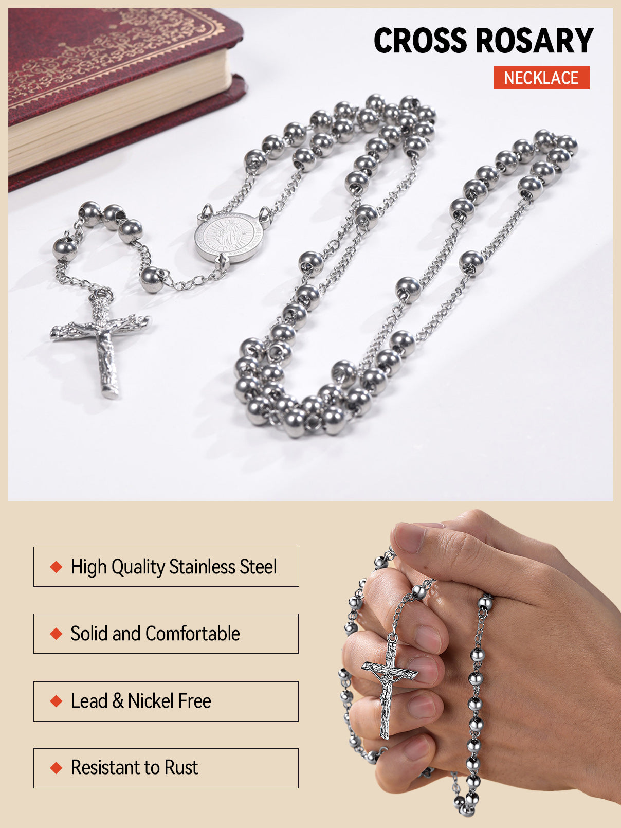 Catholic Virgin Mary Rosary Beads Cross Necklace Chain for