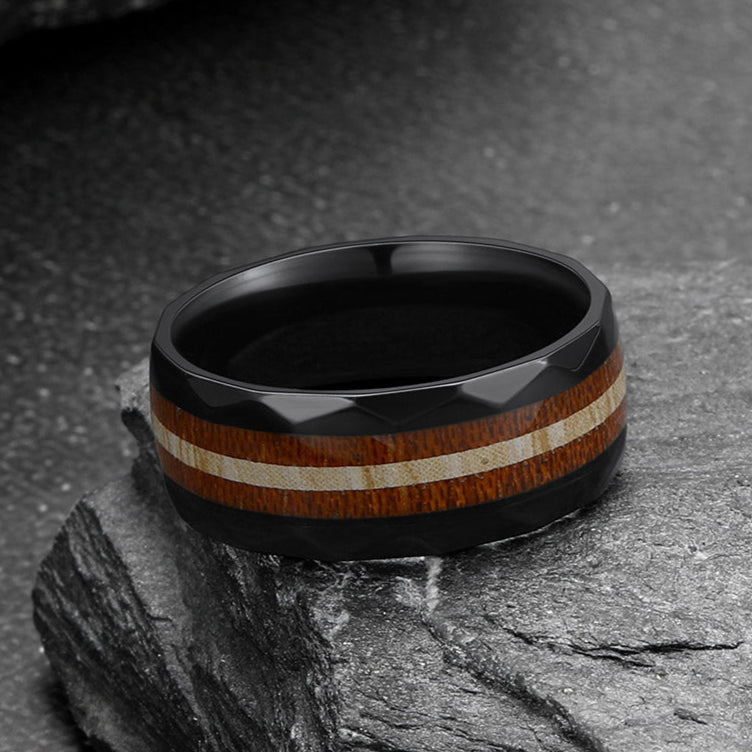 8mm Black Wooden Grain Inlay Wedding Band Ring for