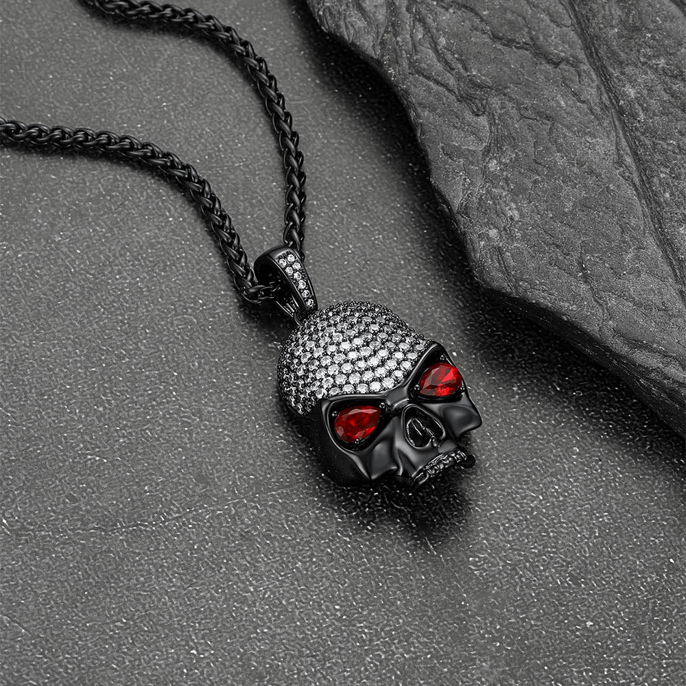 Halloween Gothic Skull Diamond Necklace With Red Eye for