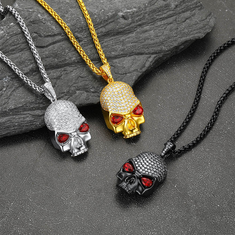 Halloween Gothic Skull Diamond Necklace With Red Eye for