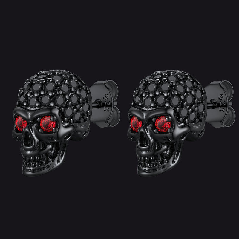 Sterling Silver Gothic Skull Diamond Stud Earrings for