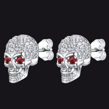 Sterling Silver Gothic Skull Diamond Stud Earrings for