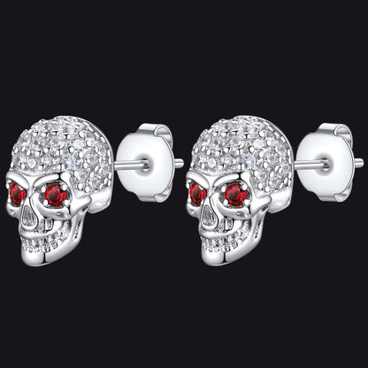 Gothic Cz Red Eye Stud Skull Earrings for