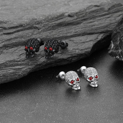 Gothic Cz Red Eye Stud Skull Earrings for