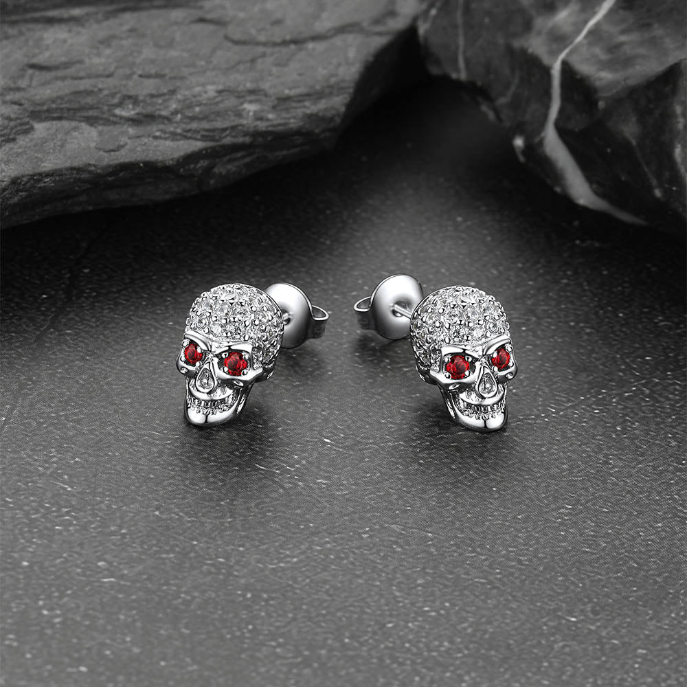 Gothic Cz Red Eye Stud Skull Earrings for