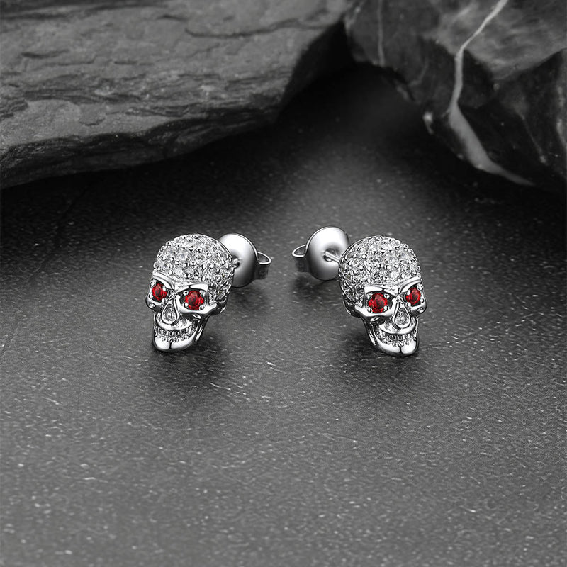 Gothic Cz Red Eye Stud Skull Earrings for