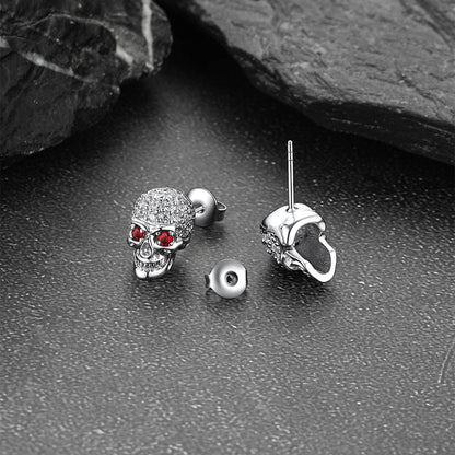 Gothic Cz Red Eye Stud Skull Earrings for