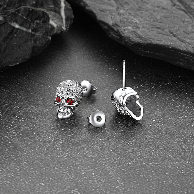 Gothic Cz Red Eye Stud Skull Earrings for