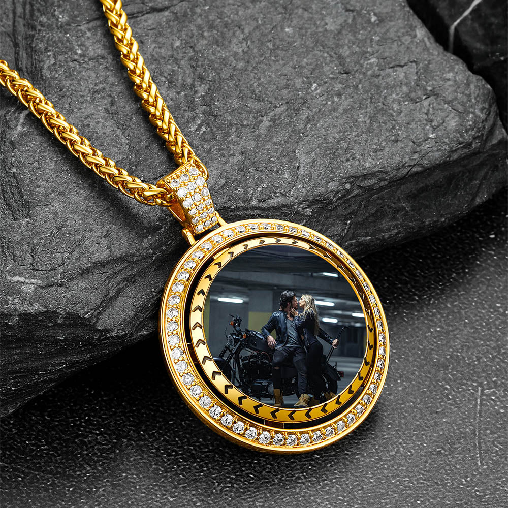 Custom Gold Zirconia Spinner Picture Necklace Pendant for