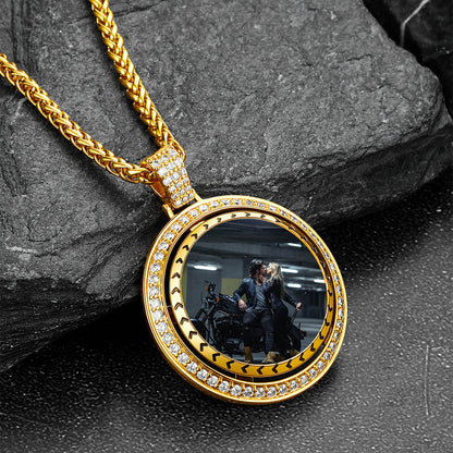 Custom Gold Zirconia Spinner Picture Necklace Pendant for
