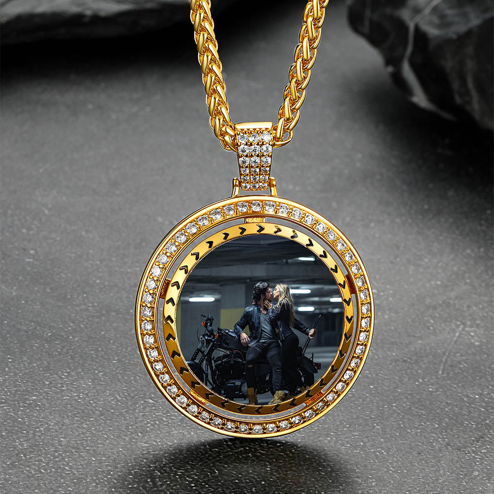Custom Gold Zirconia Spinner Picture Necklace Pendant for