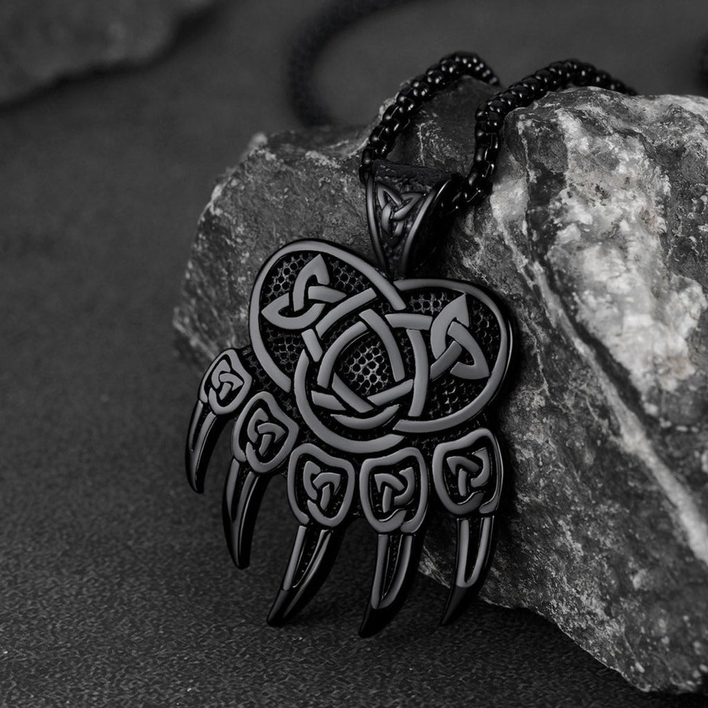 Viking Bear Paw Necklace With Celtic Knot for