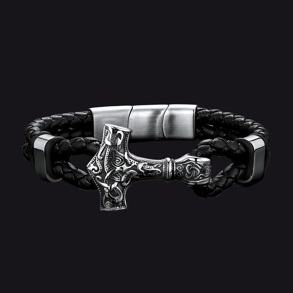 Viking Black Engraved Leather Braided Wristband Bracelet for