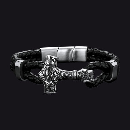 Viking Black Engraved Leather Braided Wristband Bracelet for