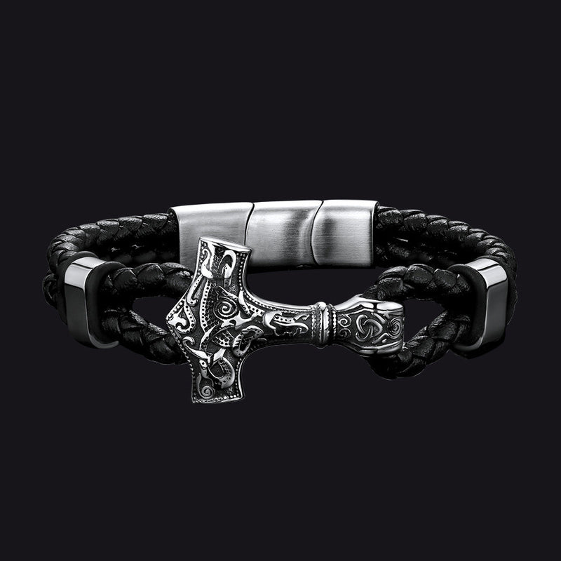 Viking Thor's Hammer Mjolnir Braided Leather Bracelet Gift for