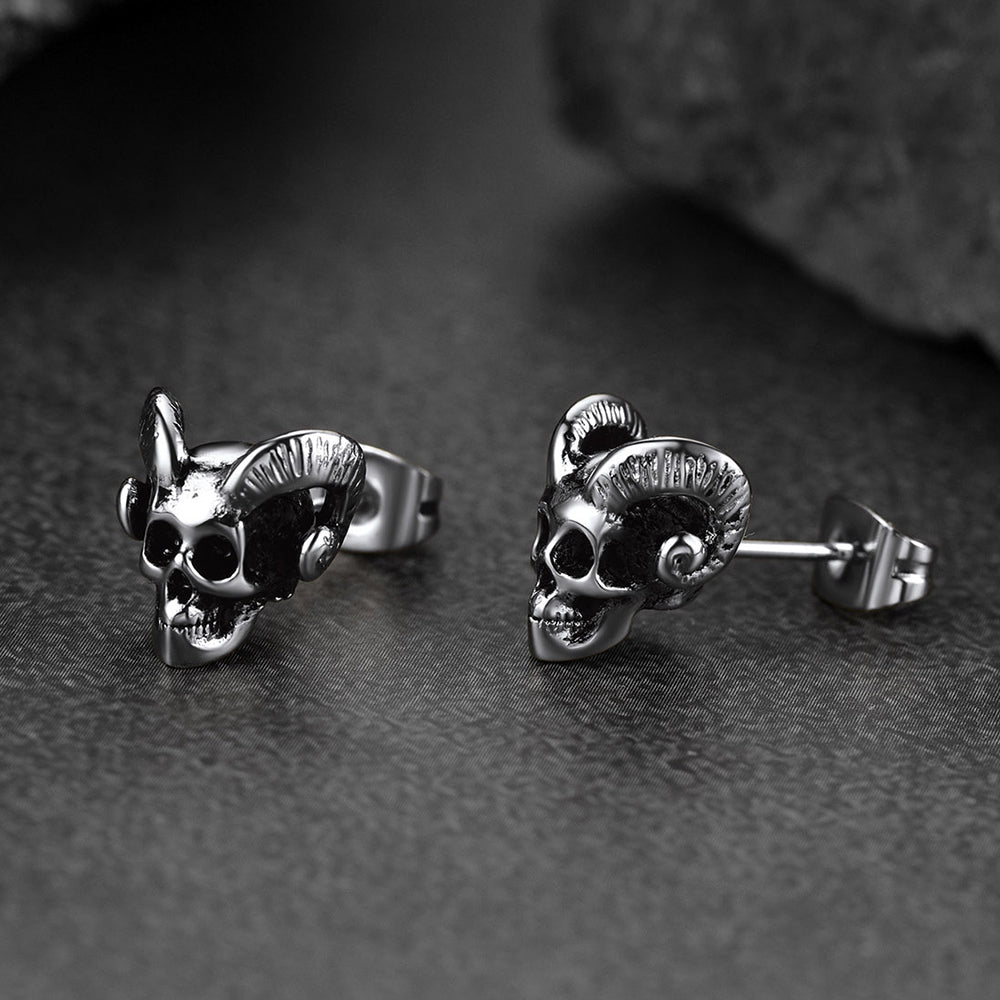 Satanic Baphomet Goat Skull Head Stud Earrings for