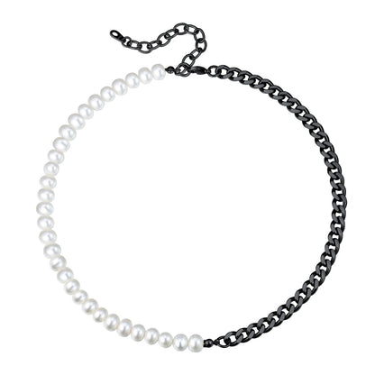 Half 8mm White Pearl and Half 7mm Cuban Link Chain Choker Necklace