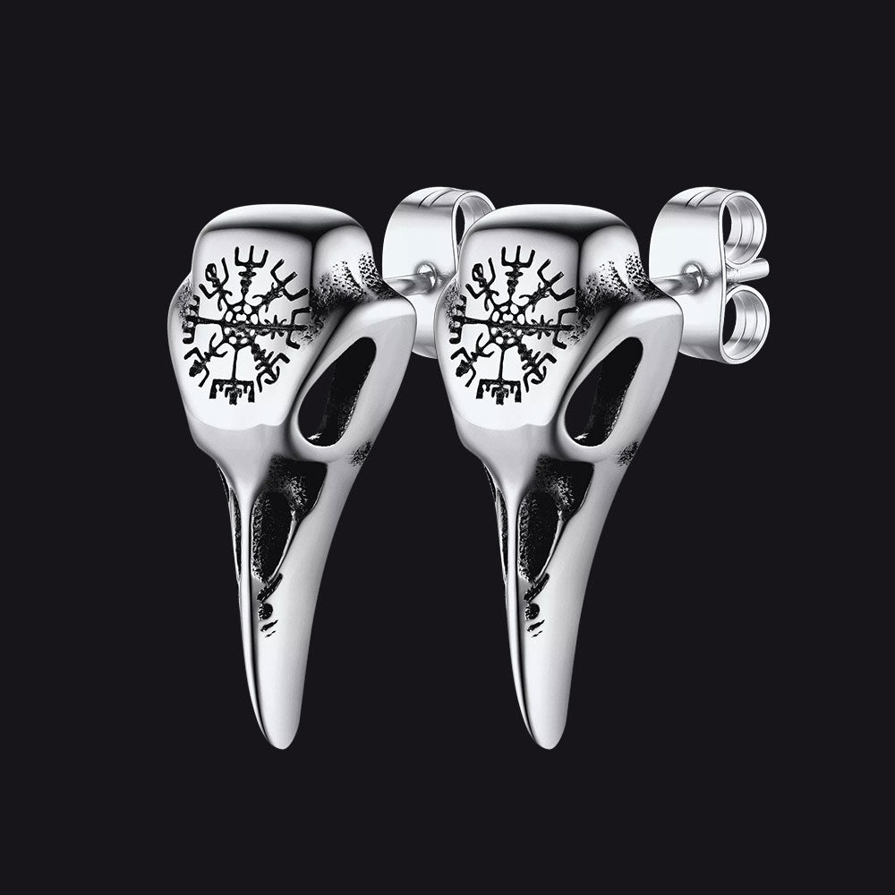 Viking Raven Skull Stud Earrings With Viking Vegvisir for