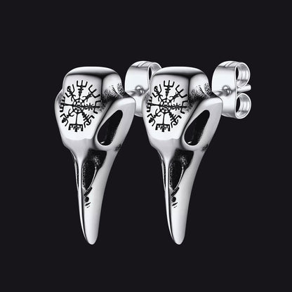 Viking Raven Skull Stud Earrings With Viking Vegvisir for