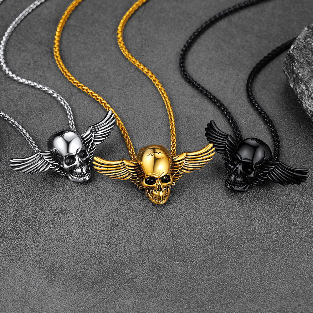 Gothic Skull Necklace With Wing for