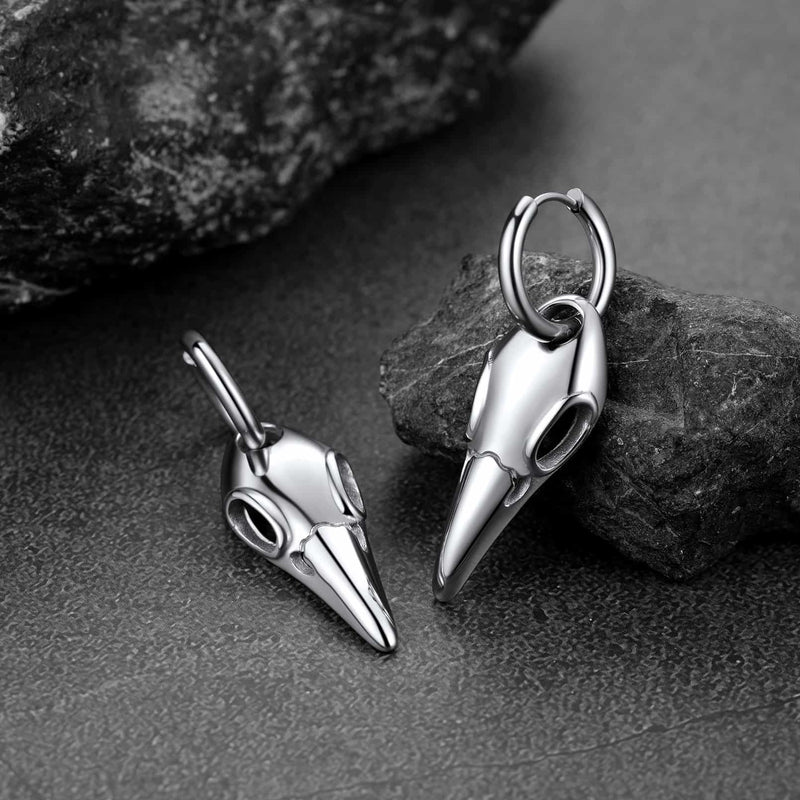 Gothic Raven Skull Dangle Hoop Earrings for