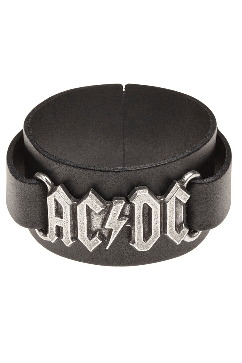 Ac/dc Leather Black Bracelet With Pewter Band Logo