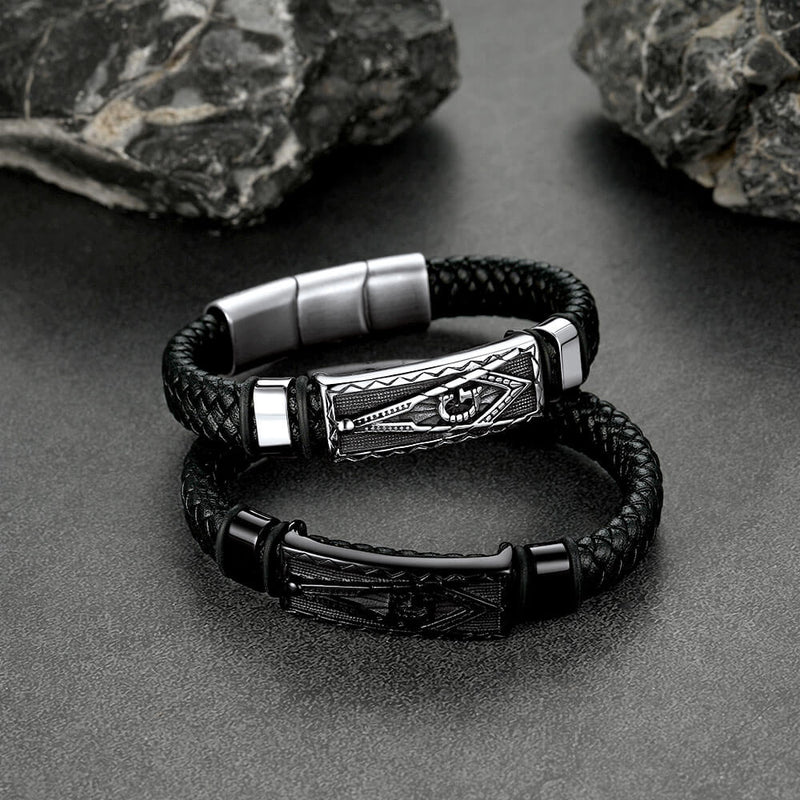 Masonic Compass Braided Black Leather Bracelet for Father Husband
