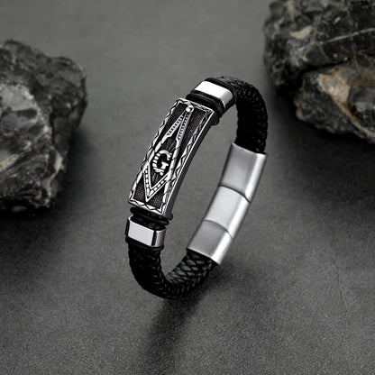 Masonic Compass Braided Black Leather Bracelet for Father Husband