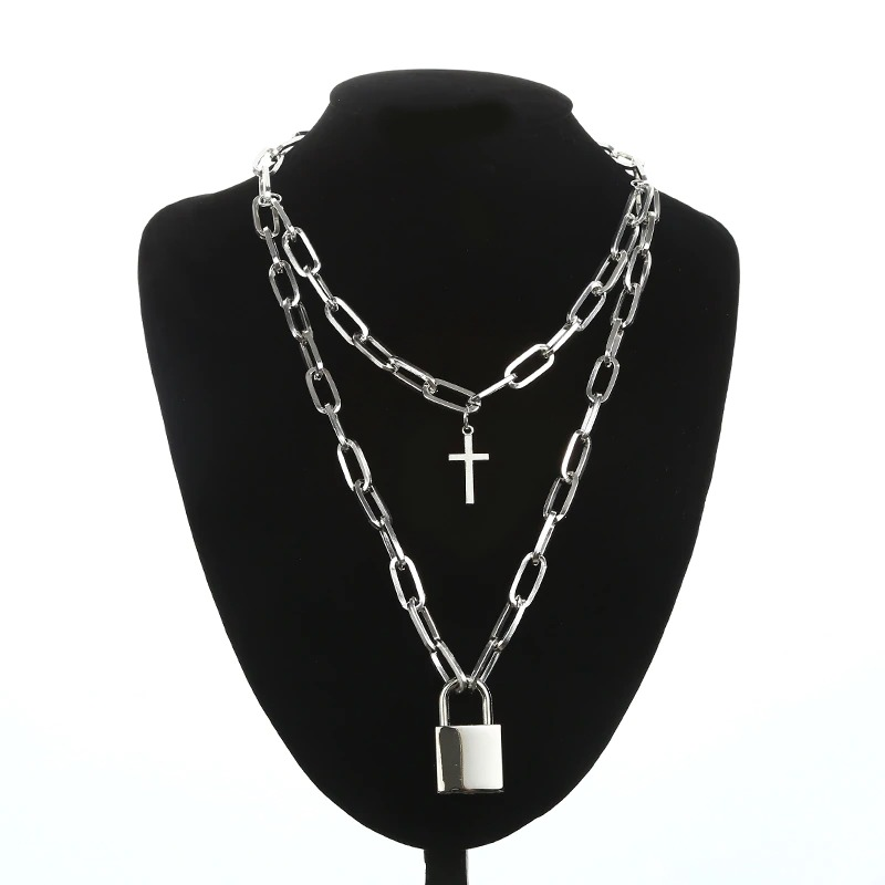 Aesthetic Chain Punk Necklace for and / Square Lock Cross Pendants / Grunge Goth Accessories
