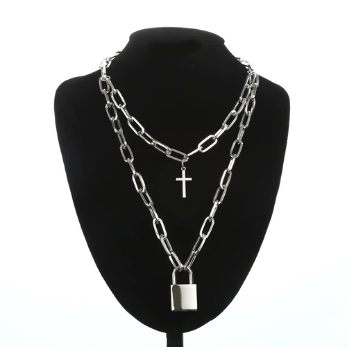 Aesthetic Chain Punk Necklace for and / Square Lock Cross Pendants / Grunge Goth Accessories