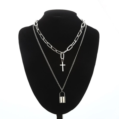 Aesthetic Chain Punk Necklace for and / Square Lock Cross Pendants / Grunge Goth Accessories