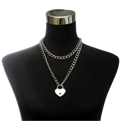 Aesthetic Chain Necklace With Lock in Form Heart / Gothic Emo Grunge Pendants
