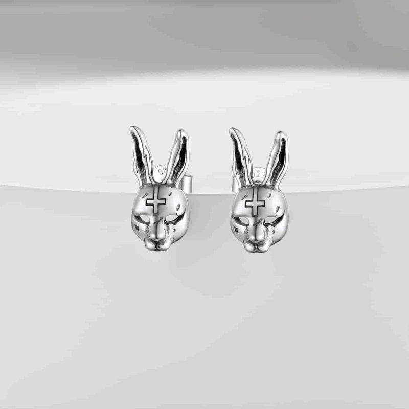 Halloween Silver Evil Bunny Stud Earrings for