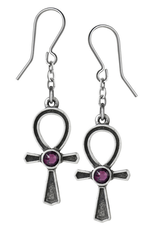 Ankh Earrings With Amethyst Gemstone and Chain Drop