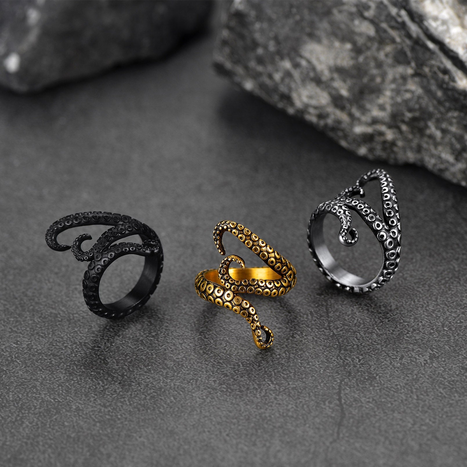 Biker Punk Three Octopus Tentacle Ring for