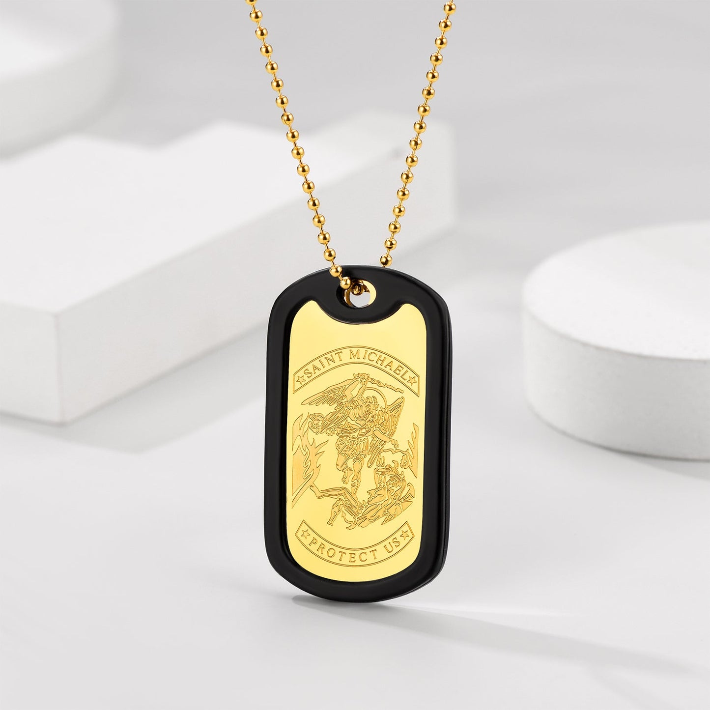 Engraved Military Saint Michael Necklace Dog Tag for
