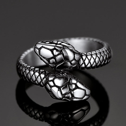 Biker Double Head Snake Stainless Steel Ring for