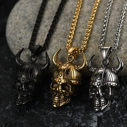 Viking Helmet Skull Pendant Necklace for