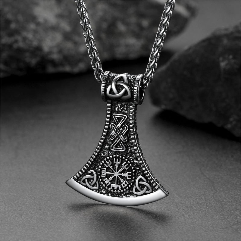 Battle Axe Viking Pendant Necklace With Compass for