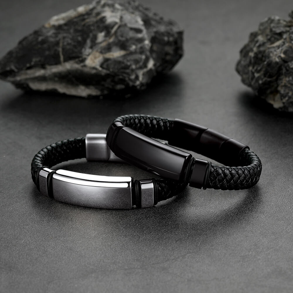 Custom Braided Black Leather Bracelet Birthday Gift for