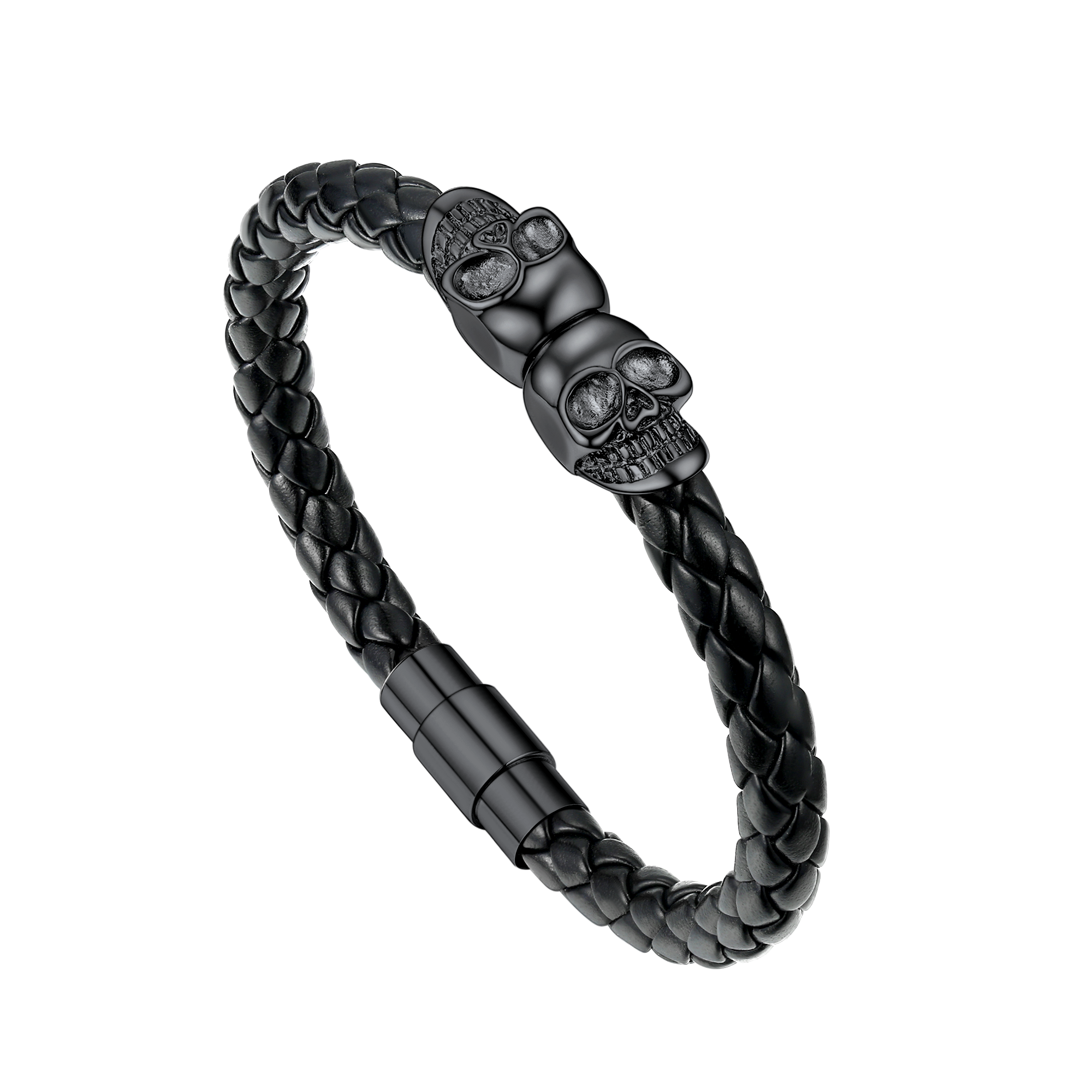 Black Braided Leather Bracelet With Skull for