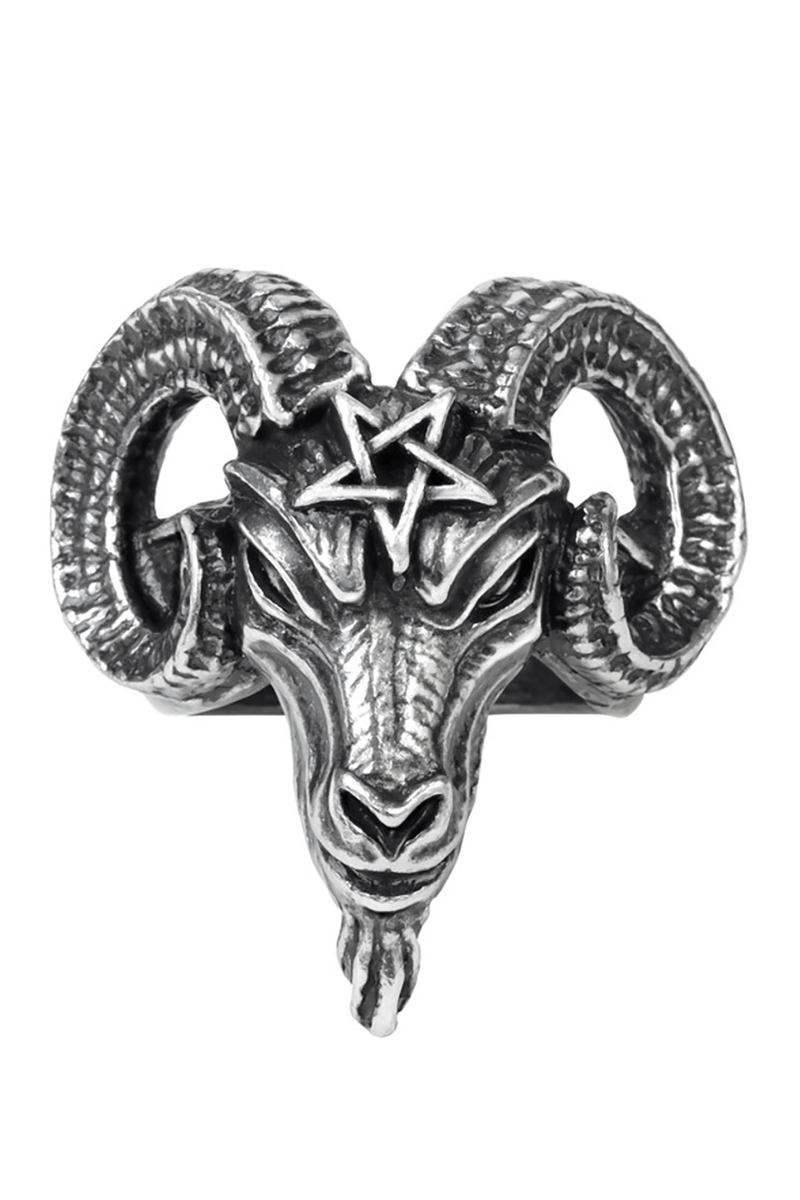 Baphomet Goat Head Ring With Pentagram Detail in Pewter