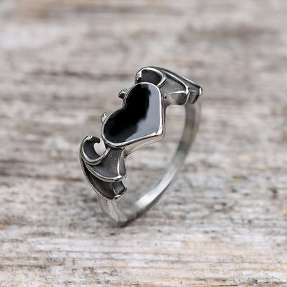 Bat and Heart Stainless Steel Gothic Ring