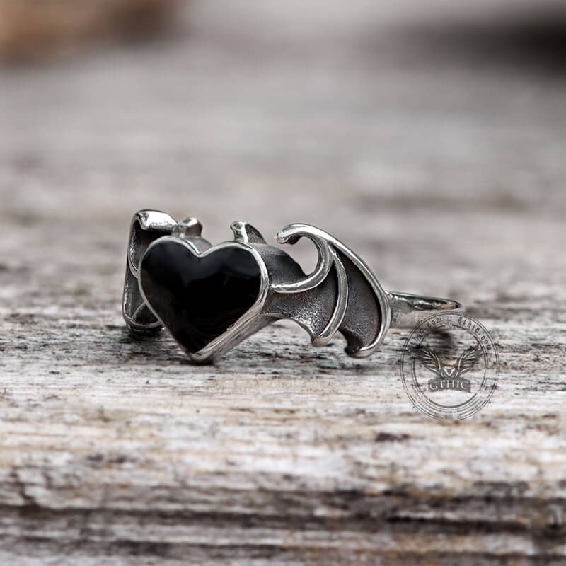 Bat and Heart Stainless Steel Gothic Ring