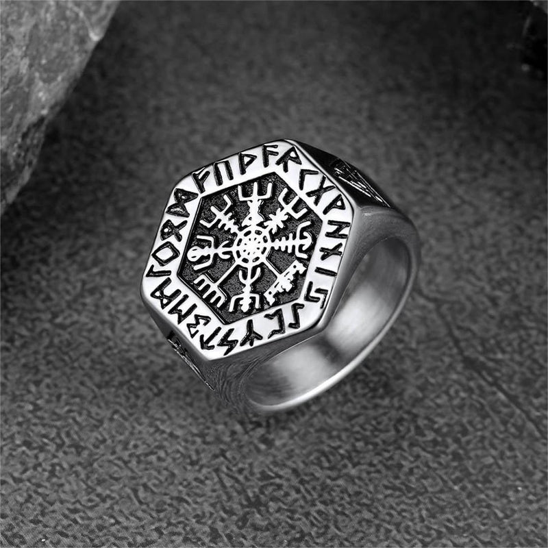 Viking Hexagon Compass Ring With Runes for