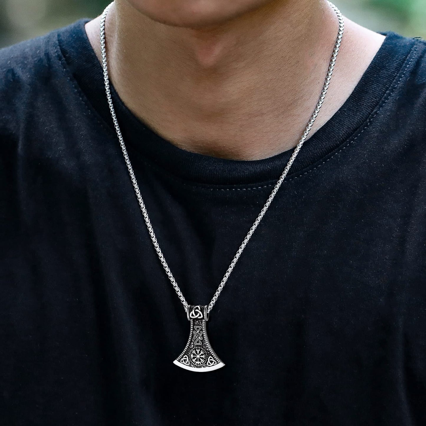 Battle Axe Viking Pendant Necklace With Compass for